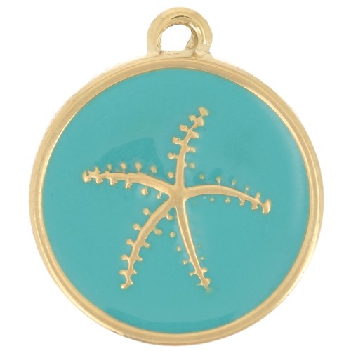 14mm 304L Stainless Steel Round Starfish Charm Epoxy Resin - Gold - Turquoise x1