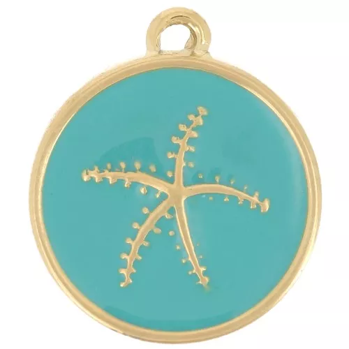 14mm 304L Stainless Steel Round Starfish Charm Epoxy Resin - Gold - Turquoise x1