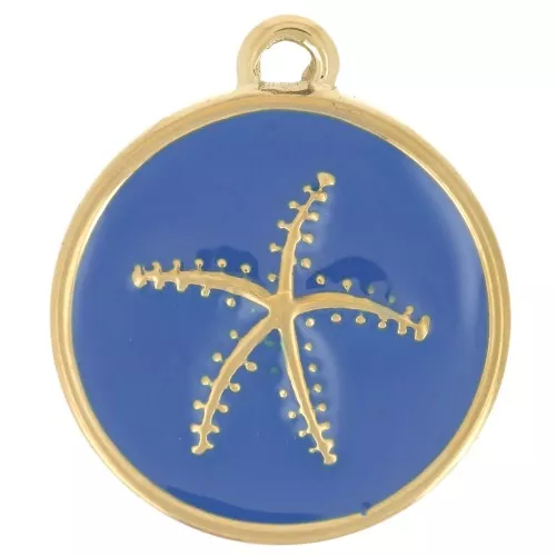 14mm 304L Stainless Steel Round Starfish Charm Epoxy Resin - Gold - Royal Blue x1