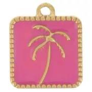 Breloque carré motif palmier 14x12 mm résine époxy - Acier inox 304L Doré - Rose