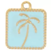 Breloque carré motif palmier 14x12 mm résine époxy Acier inox 304L Doré Bleu clair