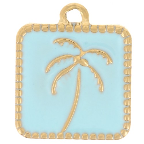 14x12mm St steel 304L Square charm palm tree pattern epoxy resin - Gold - Blue x1