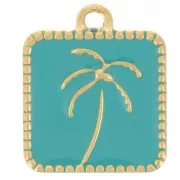 Pendants - Charms - 14x12mm St steel 304L Square charm palm tree pattern epoxy - Gold - Turquoise x1 14x12mm St steel 304L Square charm palm tree pattern epoxy - Gold - Turquoise x1