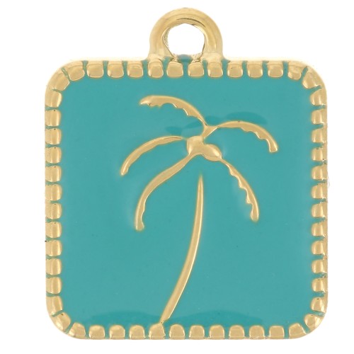 14x12mm St steel 304L Square charm palm tree pattern epoxy - Gold - Turquoise x1