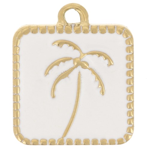 14x12mm St steel 304L Square charm palm tree pattern epoxy resin - Gold - White x1