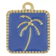 14x12mm St steel 304L Square charm palm tree pattern epoxy resin - Gold - Blue x1