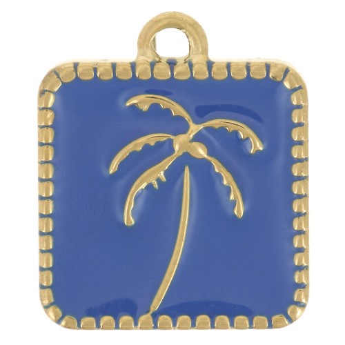 14x12mm St steel 304L Square charm palm tree pattern epoxy resin - Gold - Blue x1