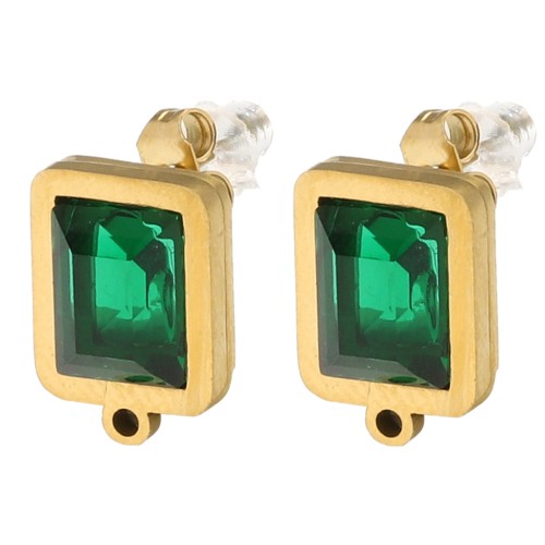 Rectangle earstuds 13x9 mm glass cabochon - 304L gold-plated stainless steel - Green x2