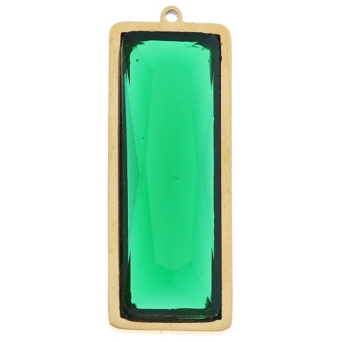Rectangle pendants 35x13 mm with glass cabochon - 304L gold-plated stainless steel - Green x2