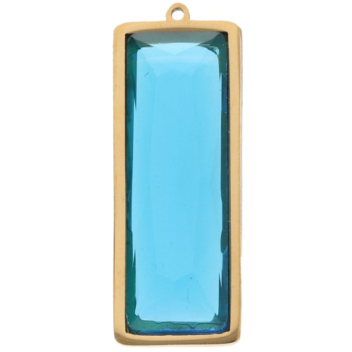 Rectangle pendants 35x13 mm with glass cabochon - 304L gold-plated stainless steel - Blue x2