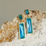 Rectangle pendants 35x13 mm with glass cabochon - 304L gold-plated stainless steel - Blue x2