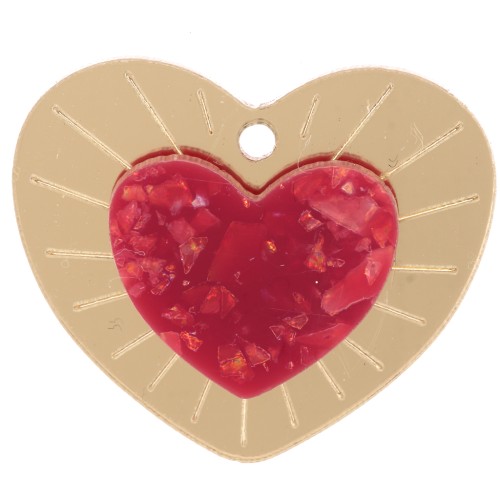 25x29mm Plexiglas heart pendant in relief - Gold Tone - Red glitter x1