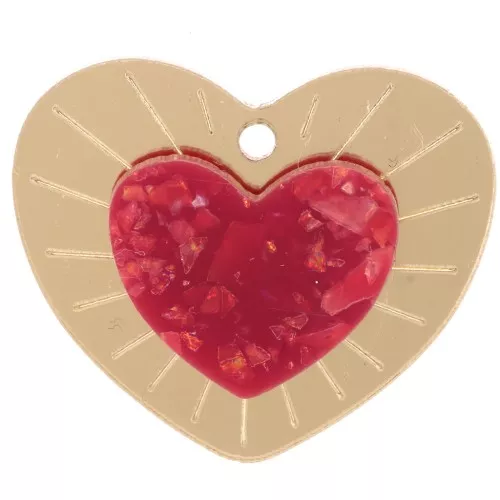 25x29mm Plexiglas heart pendant in relief - Gold Tone - Red glitter x1