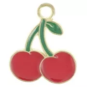 18x15mm Cherry charm in epoxy resin - Red - Green - Fine gold plated x1