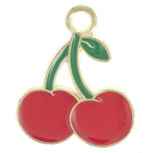 18x15mm Cherry charm in epoxy resin - Red - Green - Fine gold plated x1