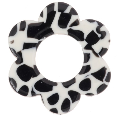 18mm acetate flower pendant - Mottled Black - White x1
