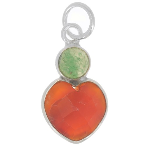 9x9 mm Carnelian heart pendant with 4 mm Aventurine cabochon - 925 Sterling Silver x1
