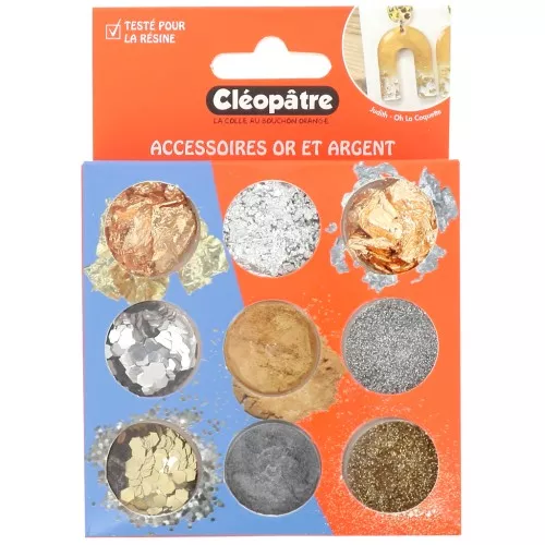 Assortment of 9 pots of Cleopatra accessories for resin - Gold - Silver