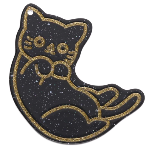 39x36mm acetate cat pendant - Black glitter - Gold x1