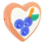 24mm glass heart bead - Blueberry pattern - White - Blue x1