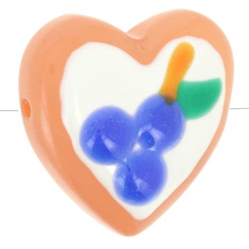 24mm glass heart bead - Blueberry pattern - White - Blue x1