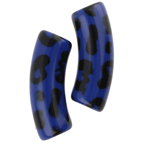 Beads curved tubes 35x11 mm acrylic opaque - Leopard pattern - Blue - Black x4