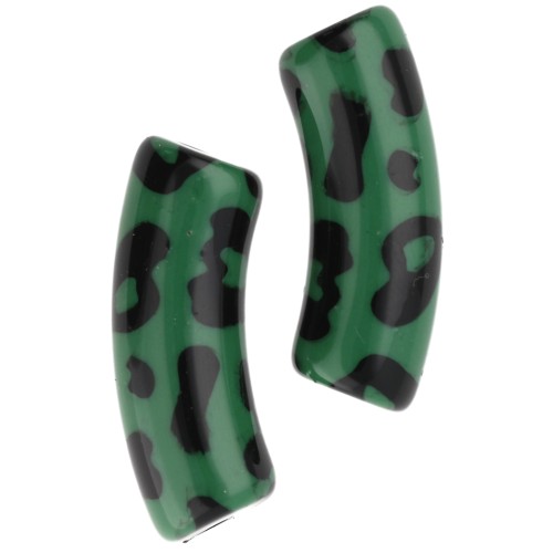 Beads curved tubes 35x11 mm acrylic opaque - Leopard pattern - Green - Black x4