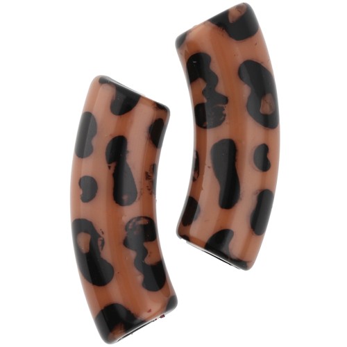 Beads curved tubes 35x11 mm acrylic opaque - Leopard pattern - Brown - Black x4