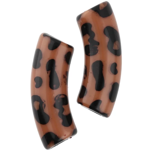 Beads curved tubes 35x11 mm acrylic opaque - Leopard pattern - Brown - Black x4