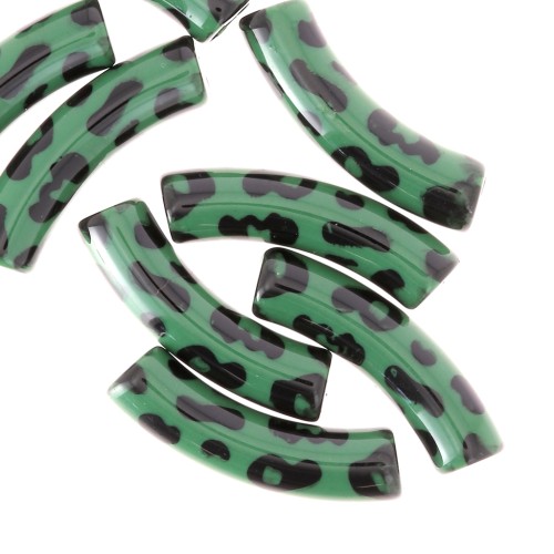 32x8 mm curved tube beads in opaque acrylic - Leopard pattern - Green - Black x4