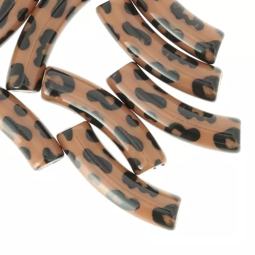 32x8 mm curved tube beads in opaque acrylic - Leopard pattern - Brown - Black x4