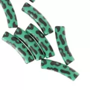 19x5 mm curved tube beads in opaque acrylic - Leopard pattern - Green - Black x4