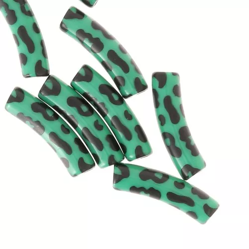 19x5 mm curved tube beads in opaque acrylic - Leopard pattern - Green - Black x4