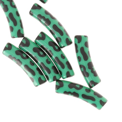 19x5mm Curved tube beads in opaque acrylic - Leopard pattern - Green - Black x4