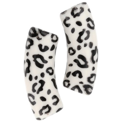 Curved tube beads 35x11 mm acrylic opaque - Cheetah pattern - Ecru - Black x4