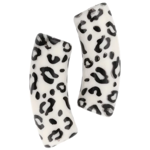 Curved tube beads 35x11 mm acrylic opaque - Cheetah pattern - Ecru - Black x4