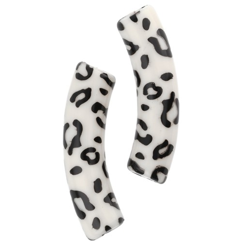 Beads curved tubes 32x8mm acrylic opaque - Cheetah pattern - Ecru - Black x4