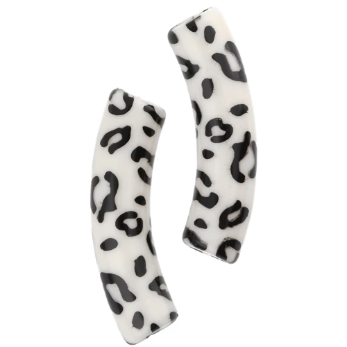 Beads curved tubes 32x8mm acrylic opaque - Cheetah pattern - Ecru - Black x4