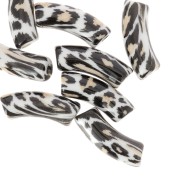 Beads curved tubes 35x11 mm acrylic opaque - Leopard pattern - Black - Beige x4