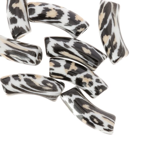 Beads curved tubes 35x11 mm acrylic opaque - Leopard pattern - Black - Beige x4
