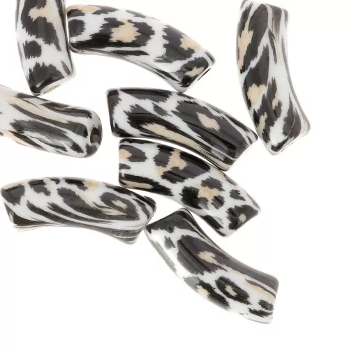 Beads curved tubes 35x11 mm acrylic opaque - Leopard pattern - Black - Beige x4