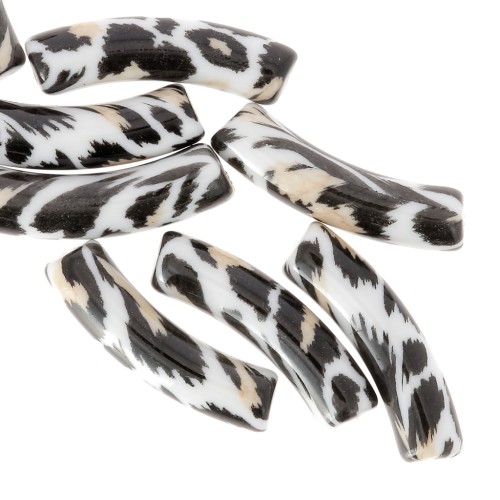 32x8 mm curved tube beads in opaque acrylic - Leopard pattern - Black - Beige x4