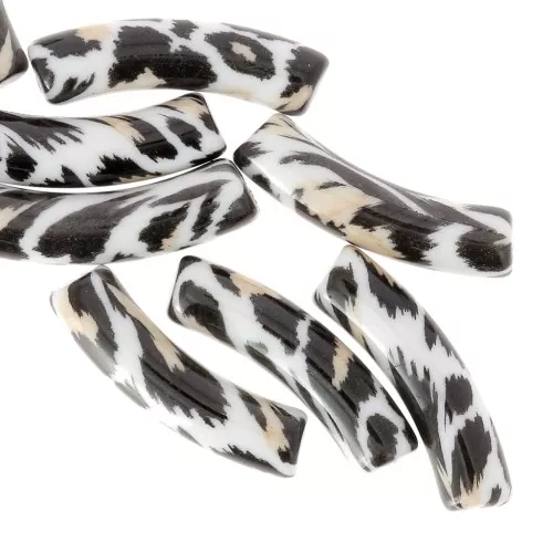 32x8 mm curved tube beads in opaque acrylic - Leopard pattern - Black - Beige x4