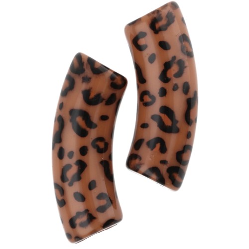 Curved tube beads 35x11 mm acrylic opaque - Cheetah pattern - Brown - Black x4