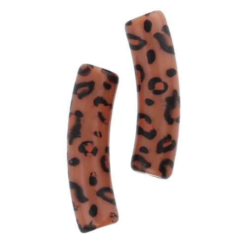 19x5 mm curved tube beads in opaque acrylic - Cheetah pattern - Brown - Black x4