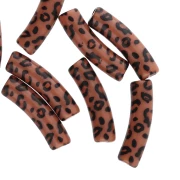 19x5 mm curved tube beads in opaque acrylic - Cheetah pattern - Brown - Black x4