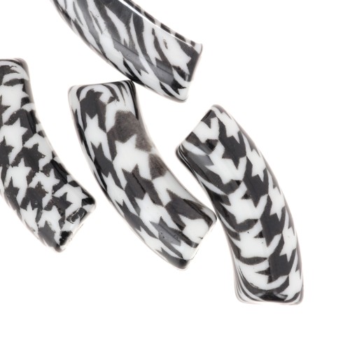 Curved tube beads 35x11 mm acrylic - Houndstooth pattern - Black - White x4