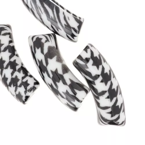 Curved tube beads 35x11 mm acrylic - Houndstooth pattern - Black - White x4