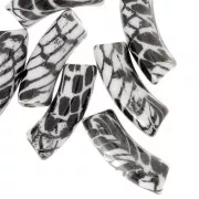 Curved tube beads 35x11 mm acrylic opaque - Snake motif - White - Black x4