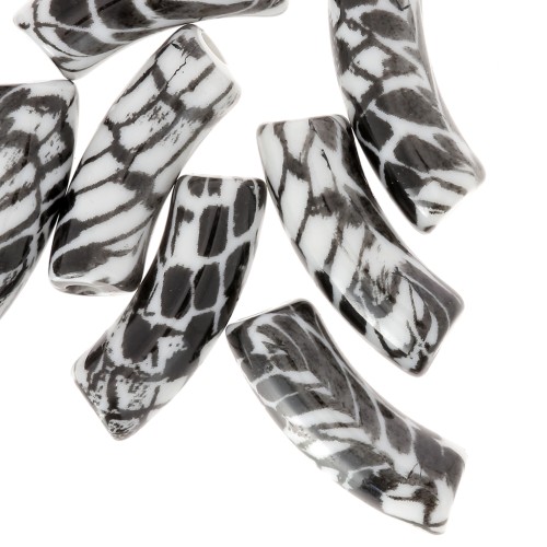 Curved tube beads 35x11 mm acrylic opaque - Snake motif - White - Black x4